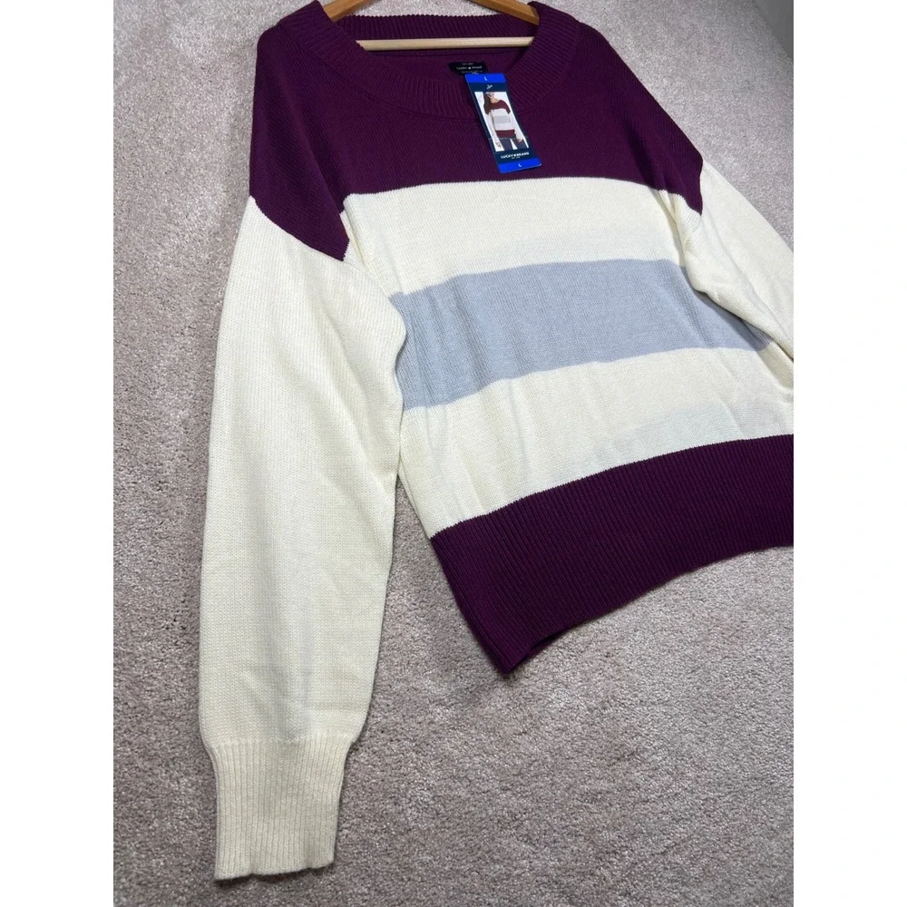 NWT Lucky Brand Womens Striped Boat Neck Long Sleeve Pullover Sweater Burgundy L